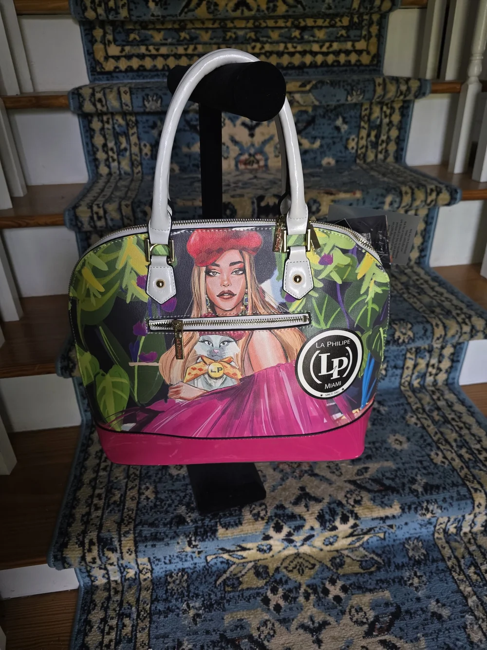 La Philipe Pink Accent Graphic Dome Satchel
